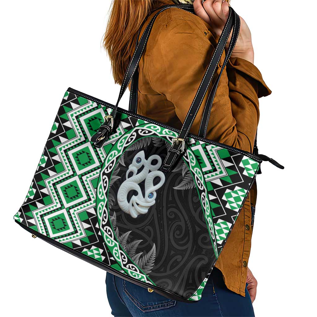 Green Taniko Motif Aotearoa Manaia and Silver Fern Leather Tote Bag