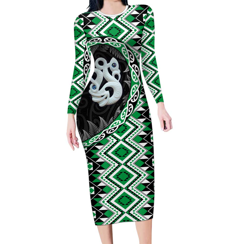 Green Taniko Motif Aotearoa Manaia and Silver Fern Long Sleeve Bodycon Dress