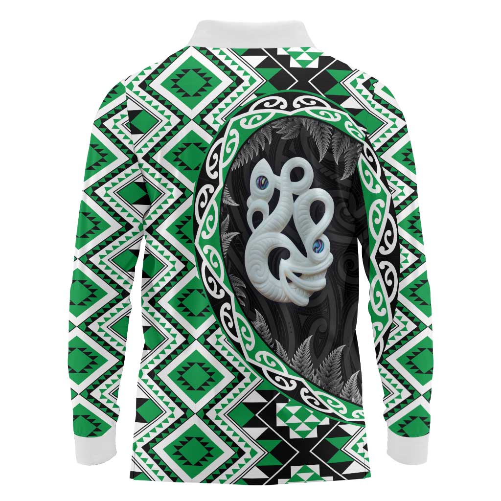 Green Taniko Motif Aotearoa Manaia and Silver Fern Long Sleeve Polo Shirt