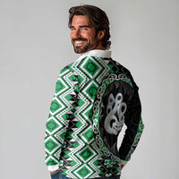 Green Taniko Motif Aotearoa Manaia and Silver Fern Long Sleeve Polo Shirt