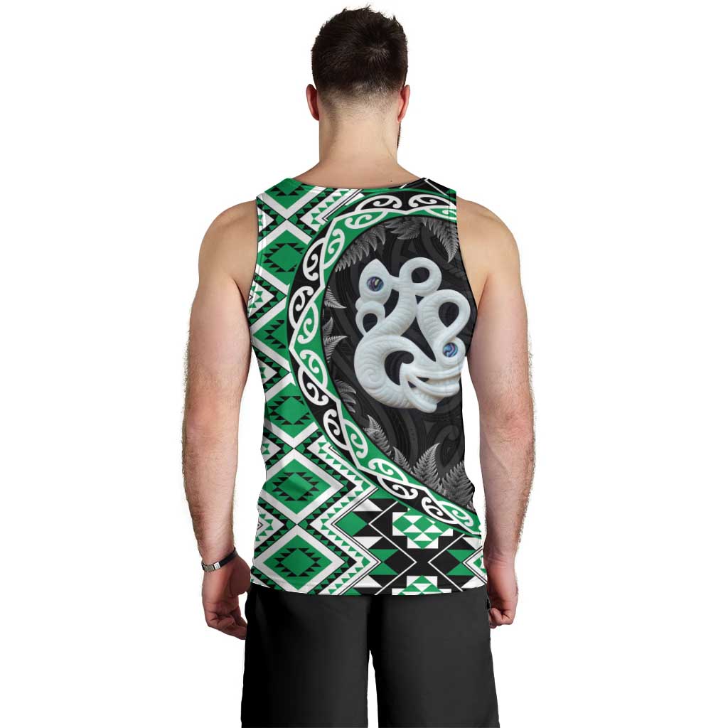 Green Taniko Motif Aotearoa Manaia and Silver Fern Men Tank Top LT03 - Polynesian Pride