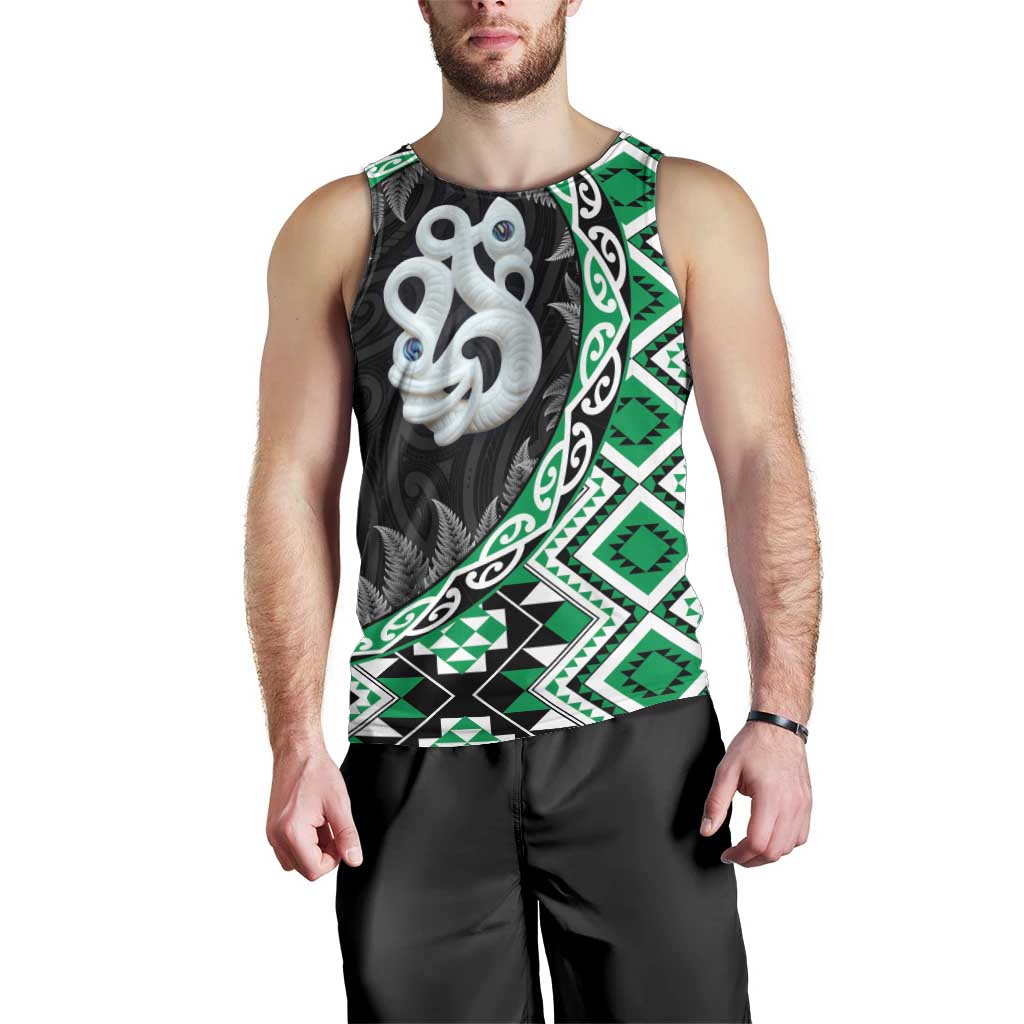 Green Taniko Motif Aotearoa Manaia and Silver Fern Men Tank Top LT03 - Polynesian Pride