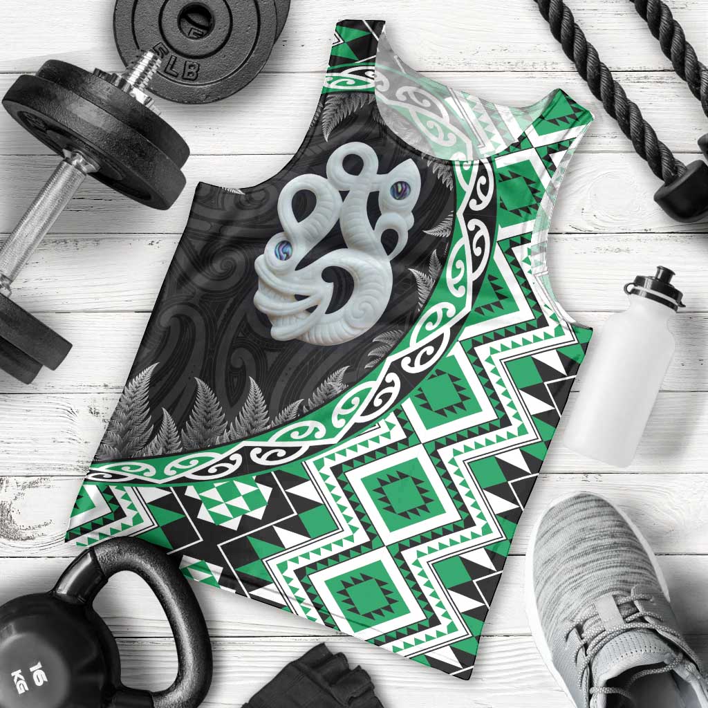 Green Taniko Motif Aotearoa Manaia and Silver Fern Men Tank Top LT03 - Polynesian Pride