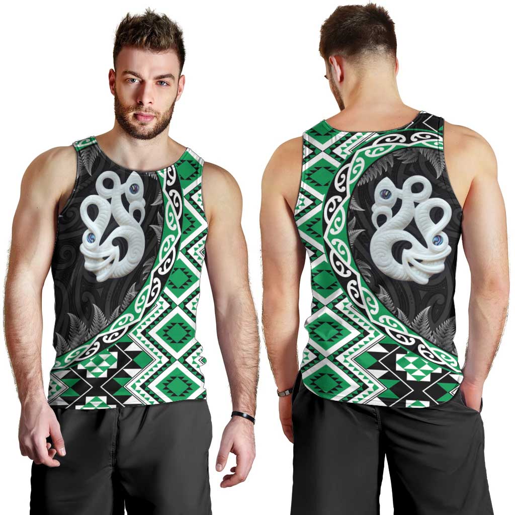 Green Taniko Motif Aotearoa Manaia and Silver Fern Men Tank Top LT03 - Polynesian Pride