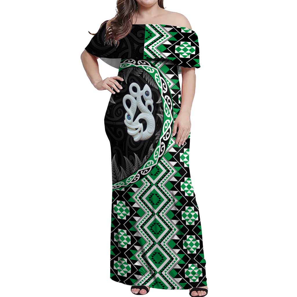 Green Taniko Motif Aotearoa Manaia and Silver Fern Off Shoulder Maxi Dress LT03 Women Green - Polynesian Pride