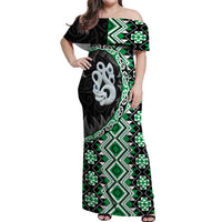 Green Taniko Motif Aotearoa Manaia and Silver Fern Off Shoulder Maxi Dress LT03 Women Green - Polynesian Pride