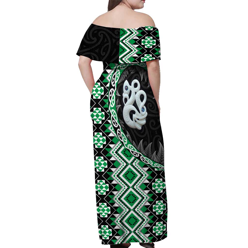 Green Taniko Motif Aotearoa Manaia and Silver Fern Off Shoulder Maxi Dress LT03 - Polynesian Pride