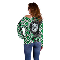 Green Taniko Motif Aotearoa Manaia and Silver Fern Off Shoulder Sweater