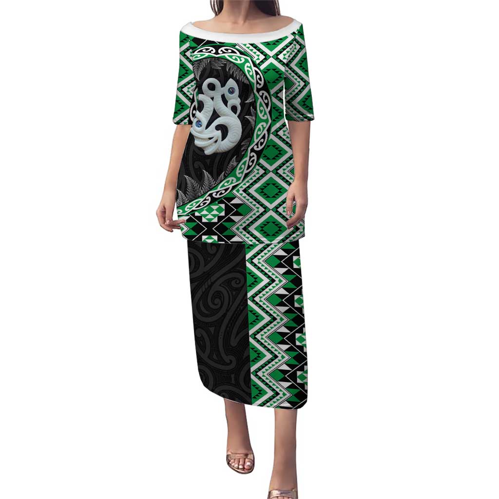 Green Taniko Motif Aotearoa Manaia and Silver Fern Puletasi LT03 Long Dress Green - Polynesian Pride