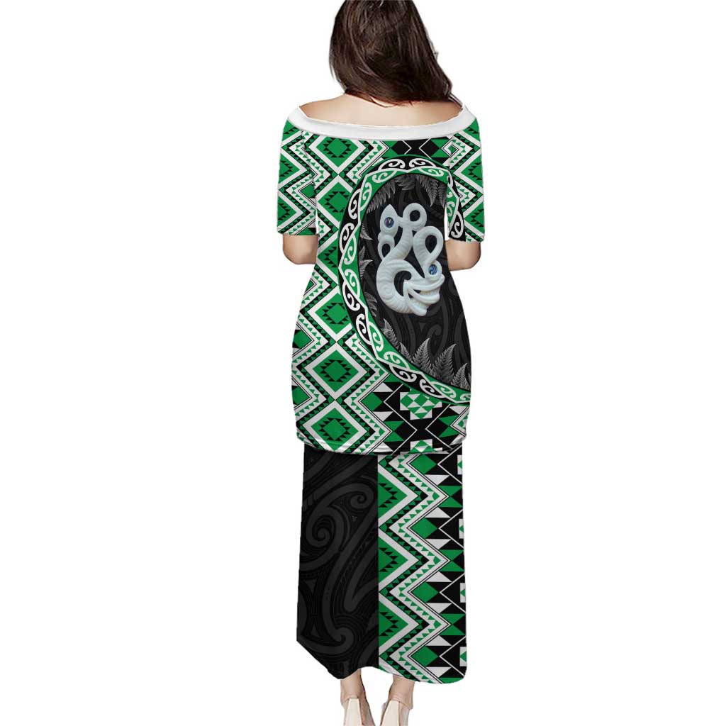Green Taniko Motif Aotearoa Manaia and Silver Fern Puletasi LT03 - Polynesian Pride
