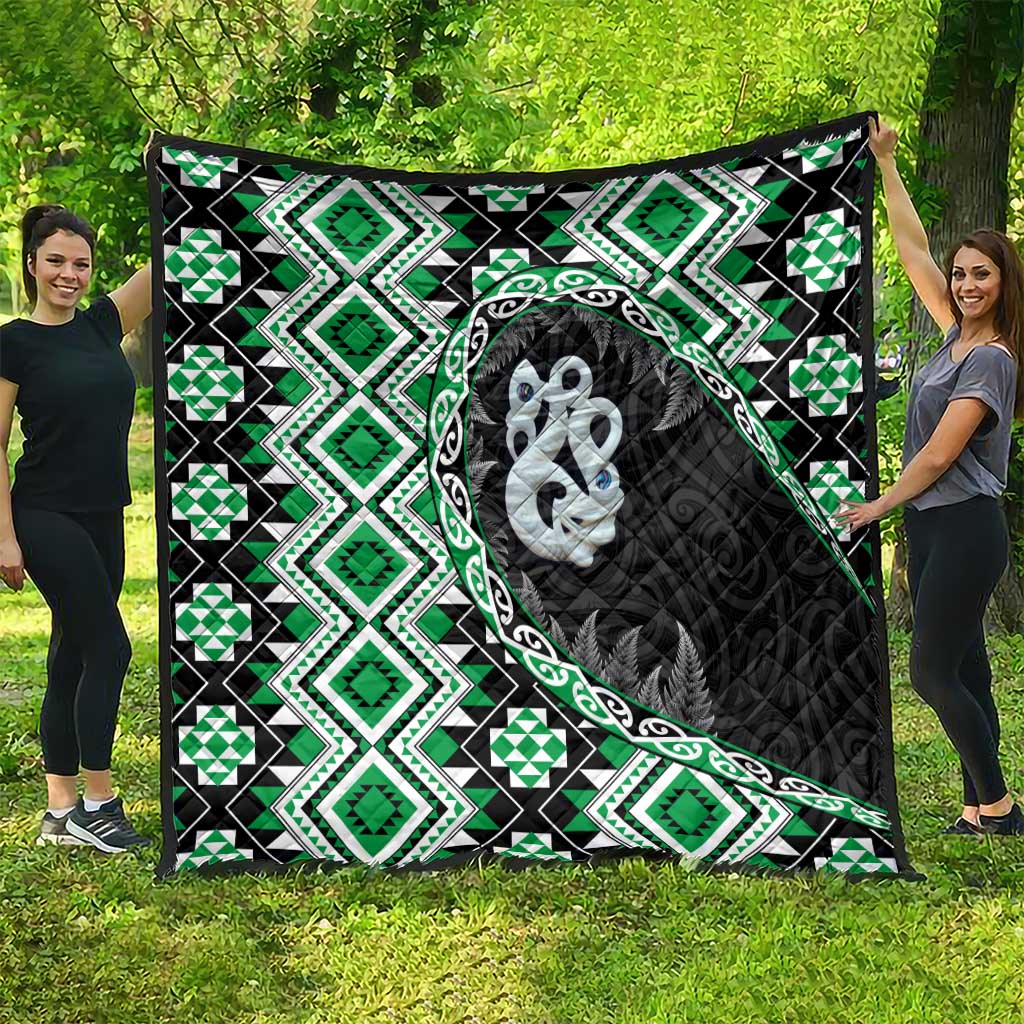 Green Taniko Motif Aotearoa Manaia and Silver Fern Quilt
