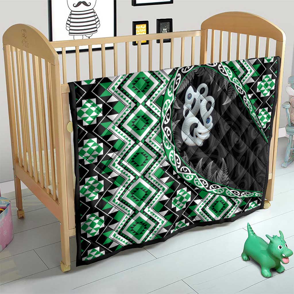 Green Taniko Motif Aotearoa Manaia and Silver Fern Quilt