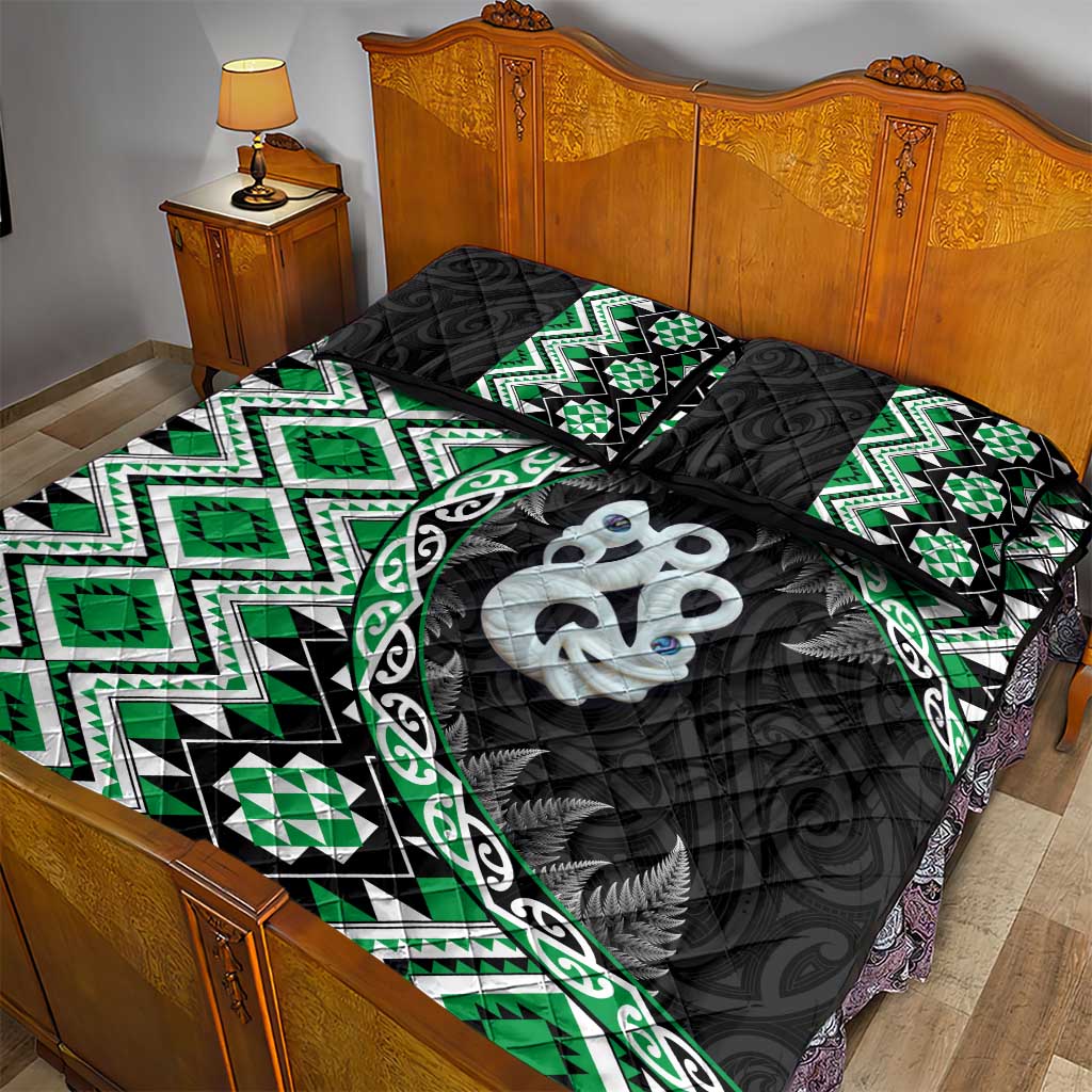 Green Taniko Motif Aotearoa Manaia and Silver Fern Quilt Bed Set LT03 - Polynesian Pride