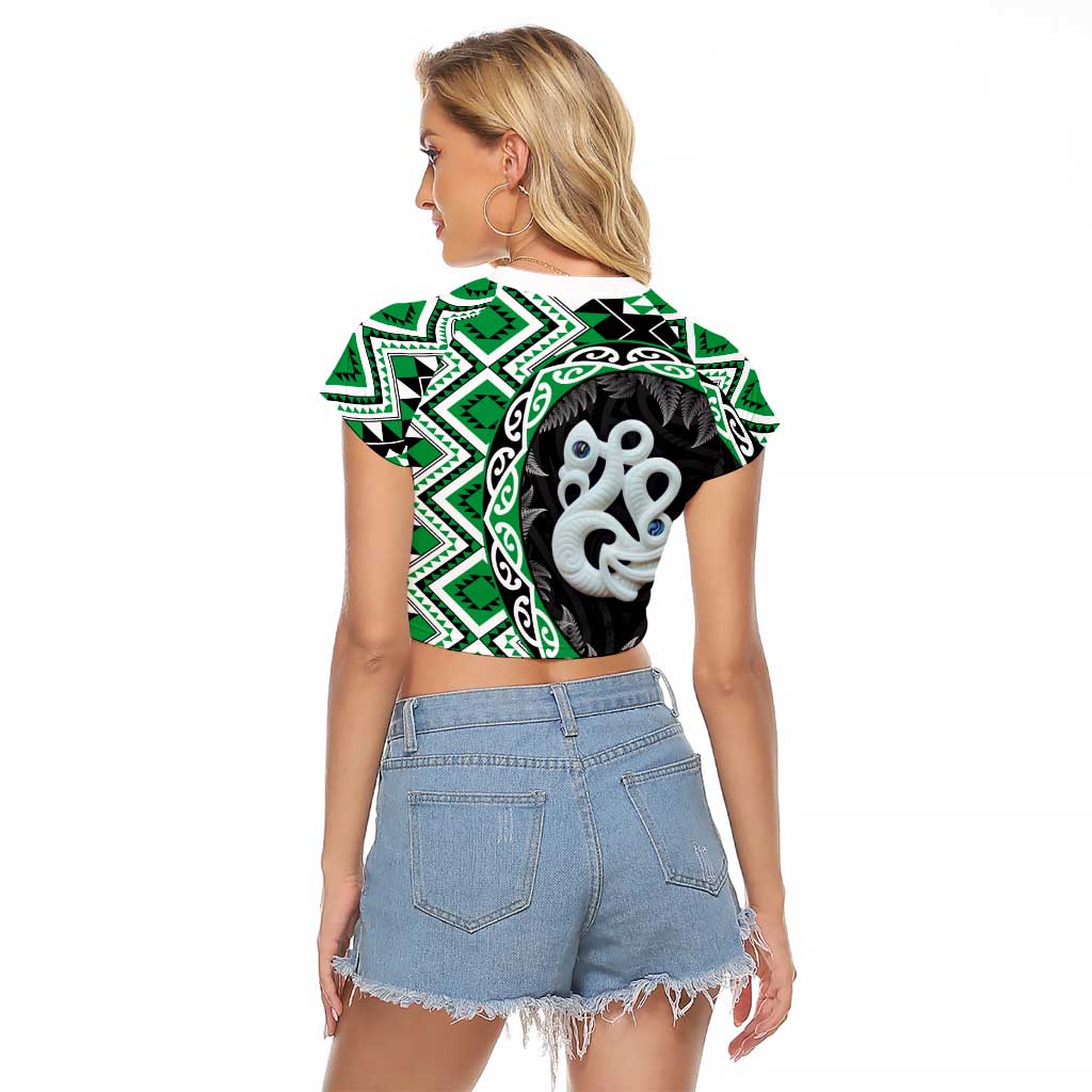 Green Taniko Motif Aotearoa Manaia and Silver Fern Raglan Cropped T Shirt LT03 - Polynesian Pride