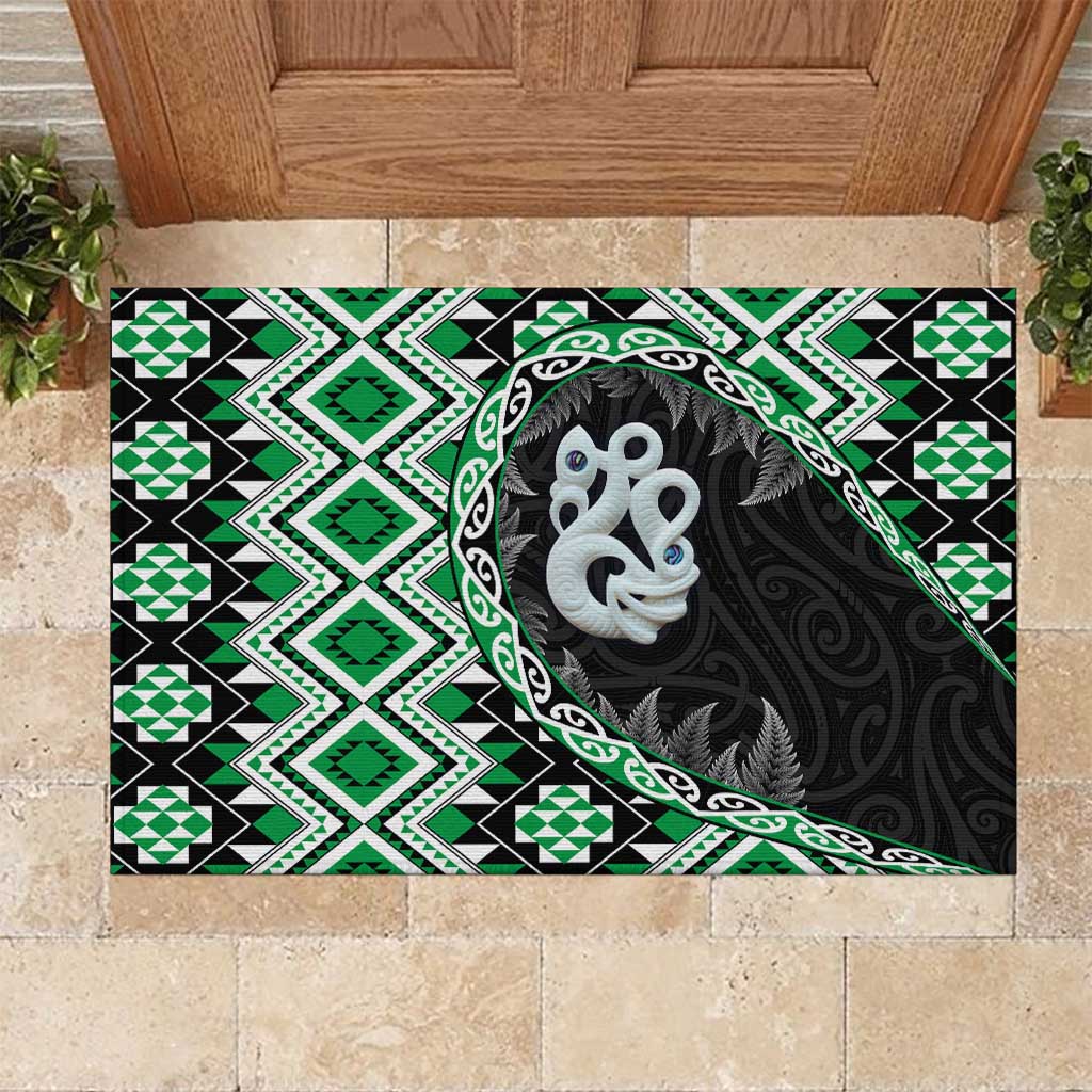 Green Taniko Motif Aotearoa Manaia and Silver Fern Rubber Doormat LT03 Green - Polynesian Pride