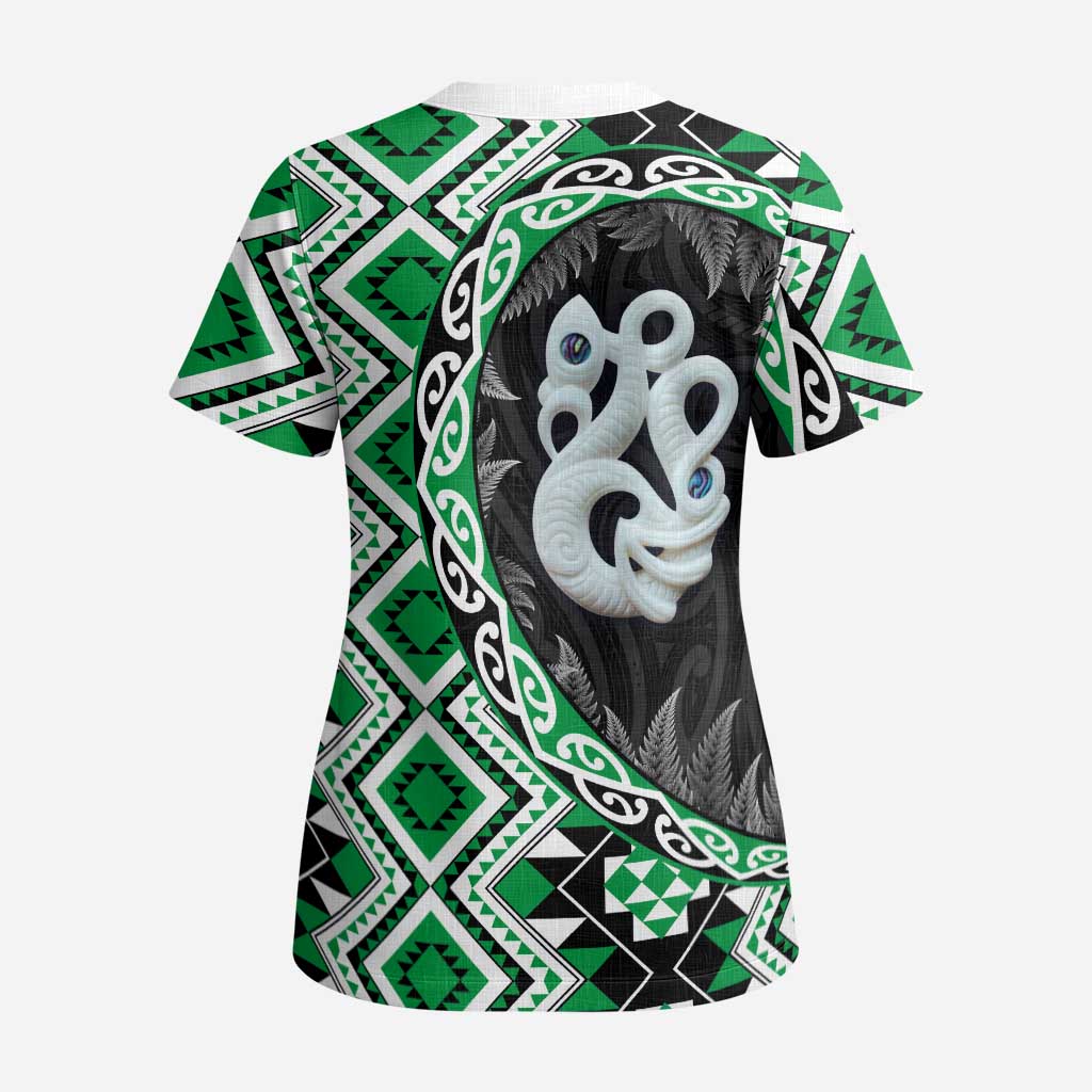 Green Taniko Motif Aotearoa Manaia and Silver Fern Scrub Top LT03 - Polynesian Pride