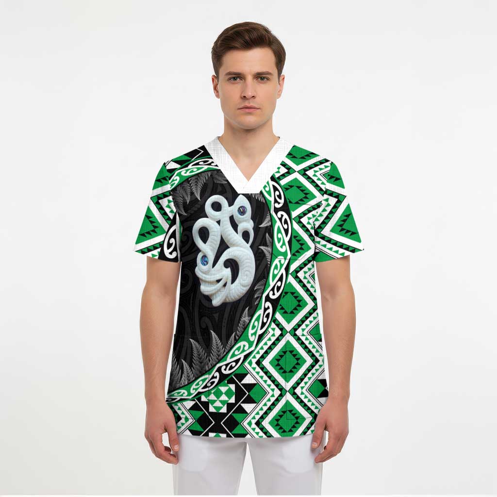 Green Taniko Motif Aotearoa Manaia and Silver Fern Scrub Top LT03 - Polynesian Pride