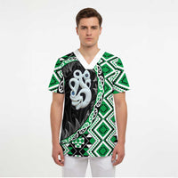 Green Taniko Motif Aotearoa Manaia and Silver Fern Scrub Top LT03 - Polynesian Pride
