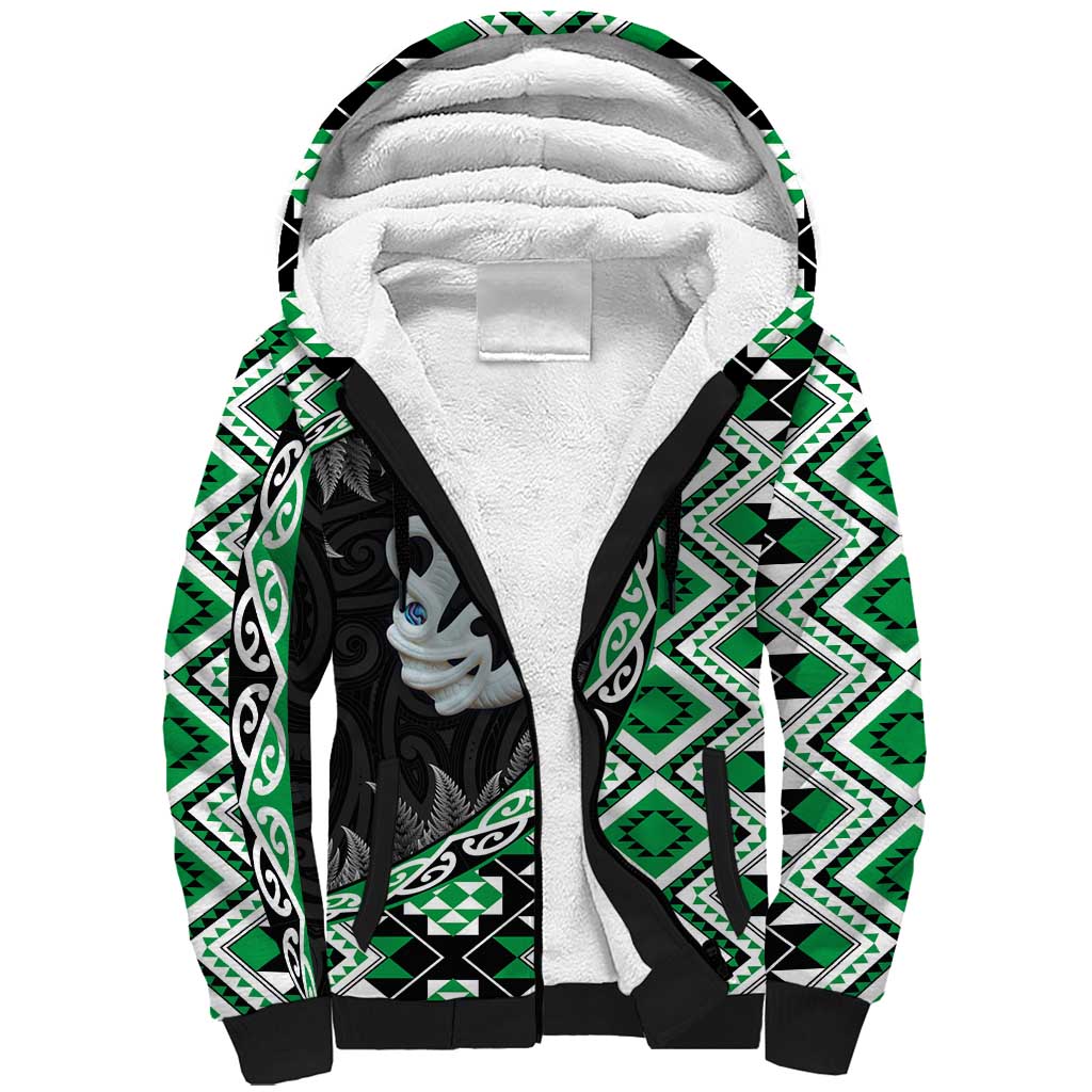 Green Taniko Motif Aotearoa Manaia and Silver Fern Sherpa Hoodie LT03 Unisex Green - Polynesian Pride
