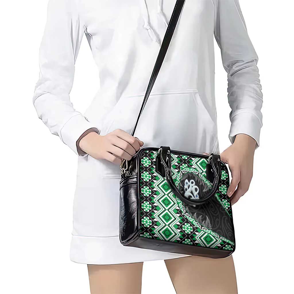 Green Taniko Motif Aotearoa Manaia and Silver Fern Shoulder Handbag