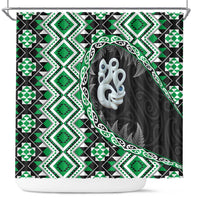 Green Taniko Motif Aotearoa Manaia and Silver Fern Shower Curtain