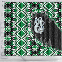 Green Taniko Motif Aotearoa Manaia and Silver Fern Shower Curtain