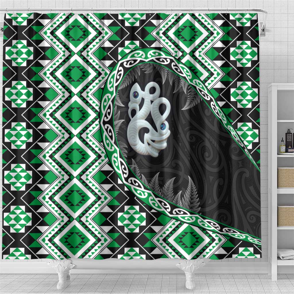 Green Taniko Motif Aotearoa Manaia and Silver Fern Shower Curtain