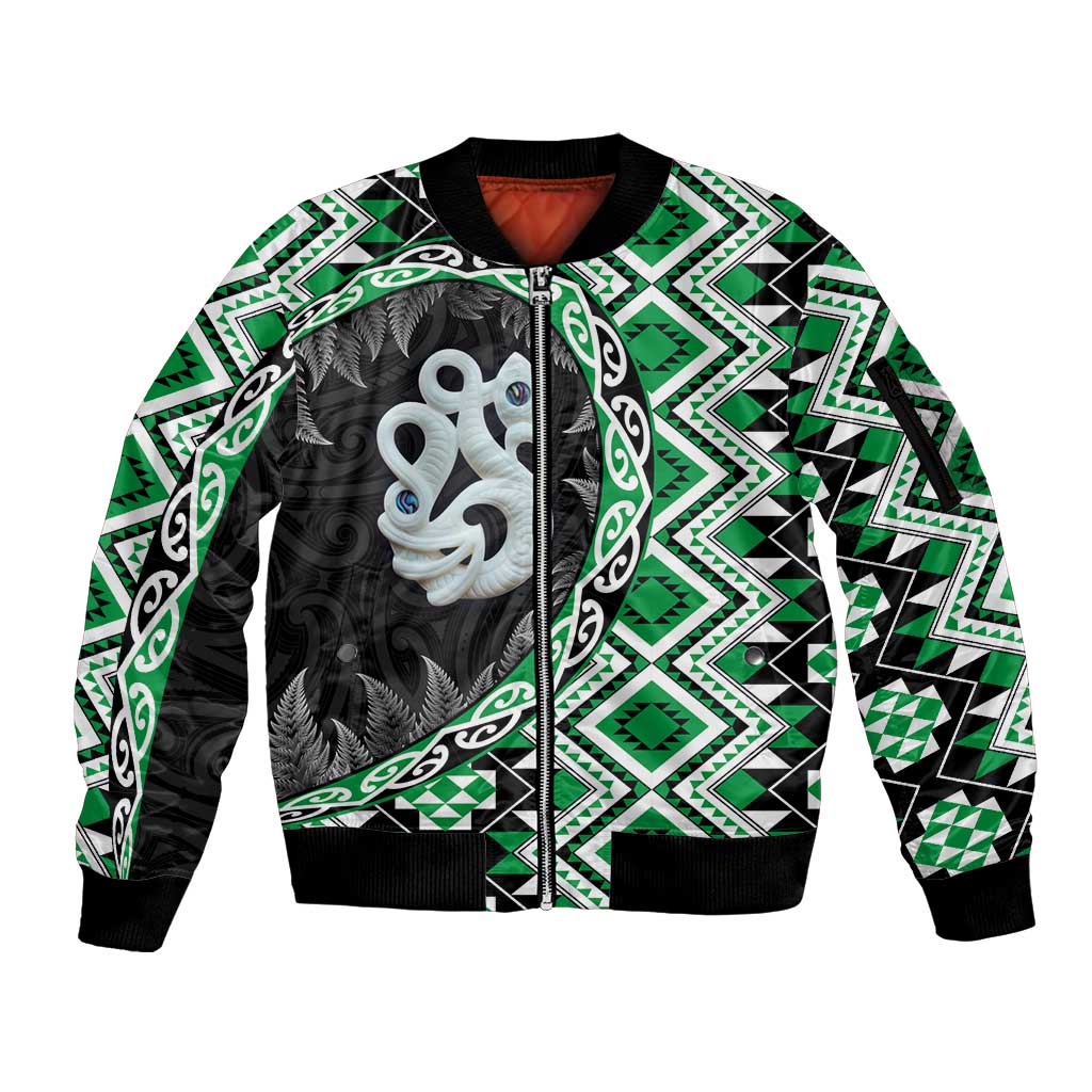 Green Taniko Motif Aotearoa Manaia and Silver Fern Sleeve Zip Bomber Jacket