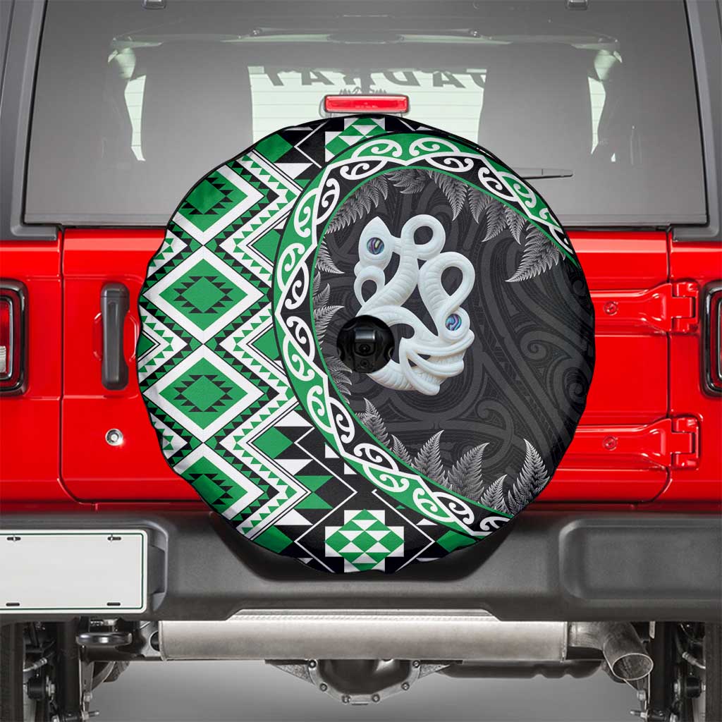 Green Taniko Motif Aotearoa Manaia and Silver Fern Spare Tire Cover