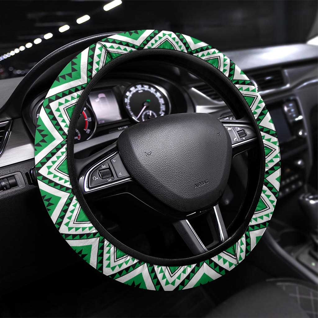 Green Taniko Motif Aotearoa Manaia and Silver Fern Steering Wheel Cover LT03 Universal Fit Green - Polynesian Pride