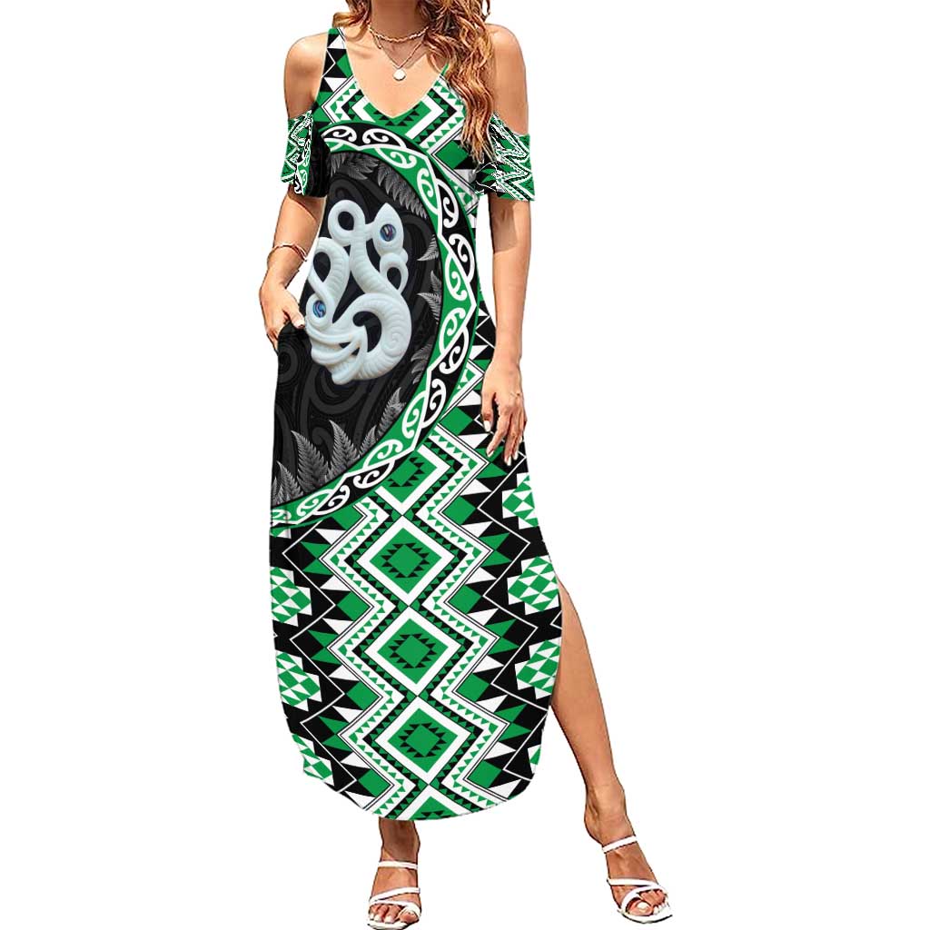 Green Taniko Motif Aotearoa Manaia and Silver Fern Summer Maxi Dress LT03 Women Green - Polynesian Pride
