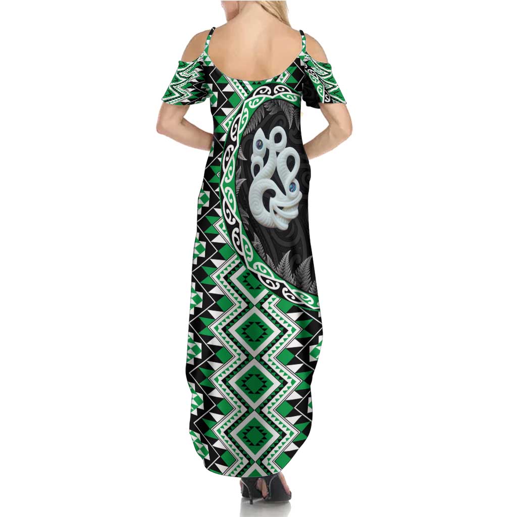 Green Taniko Motif Aotearoa Manaia and Silver Fern Summer Maxi Dress LT03 - Polynesian Pride