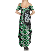 Green Taniko Motif Aotearoa Manaia and Silver Fern Summer Maxi Dress LT03 - Polynesian Pride