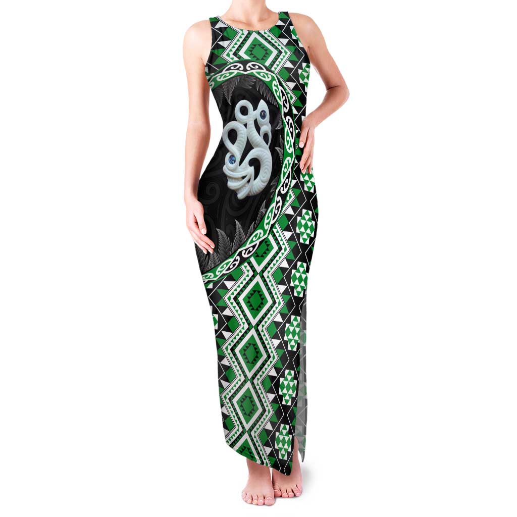 Green Taniko Motif Aotearoa Manaia and Silver Fern Tank Maxi Dress LT03 Women Green - Polynesian Pride