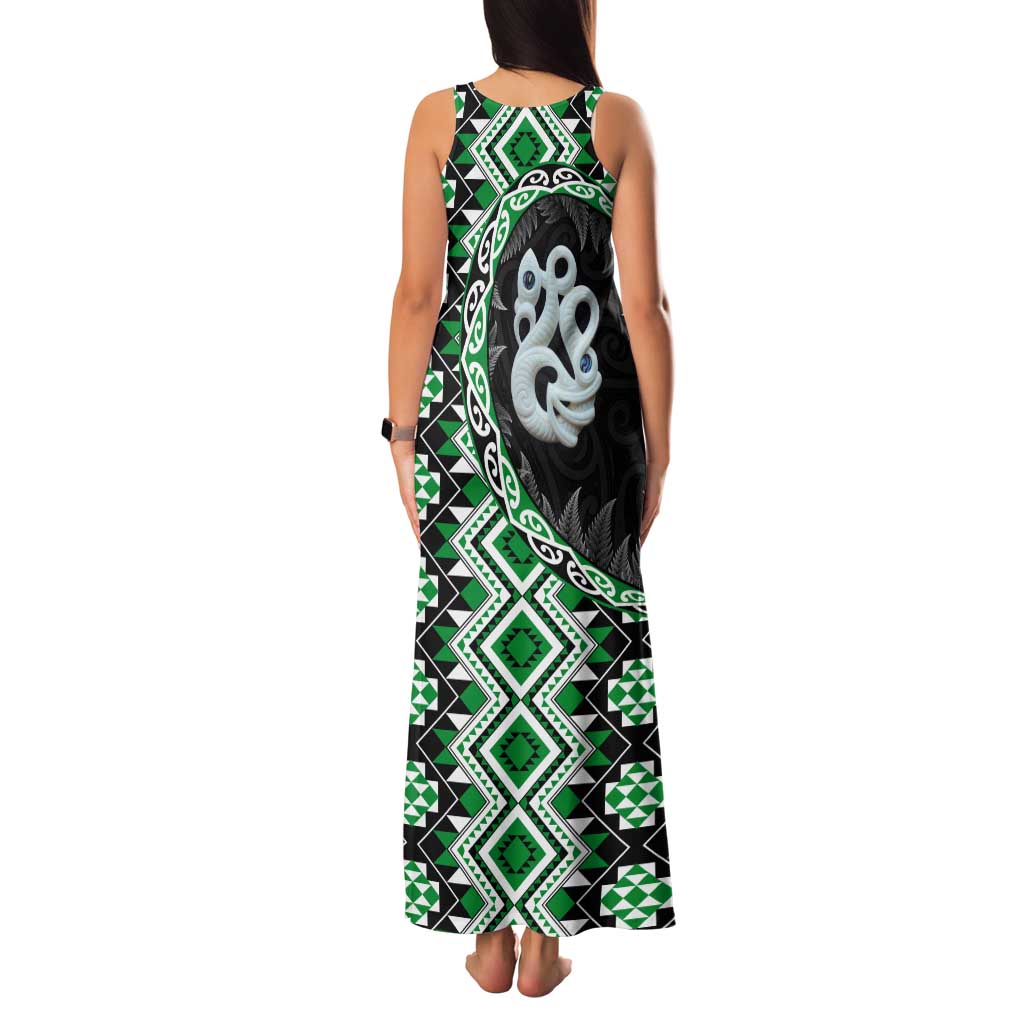 Green Taniko Motif Aotearoa Manaia and Silver Fern Tank Maxi Dress LT03 - Polynesian Pride