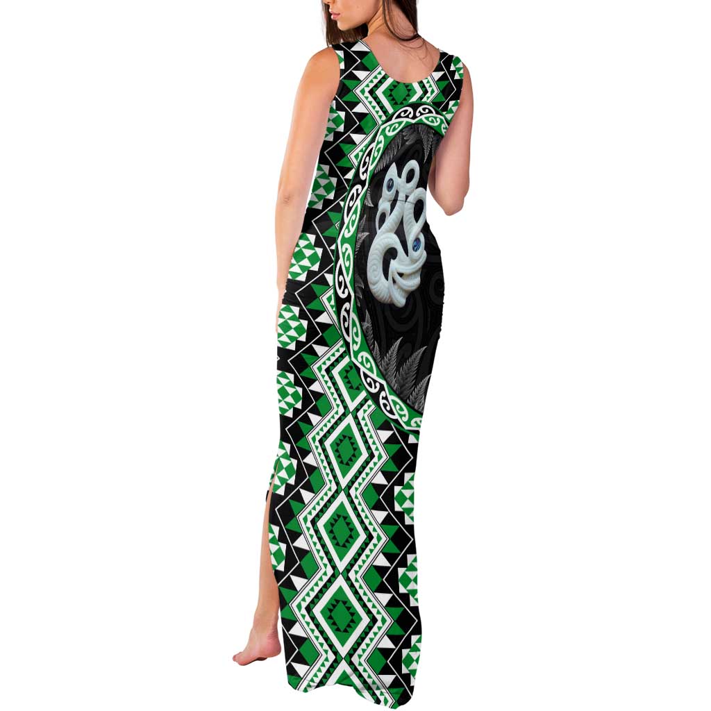 Green Taniko Motif Aotearoa Manaia and Silver Fern Tank Maxi Dress LT03 - Polynesian Pride