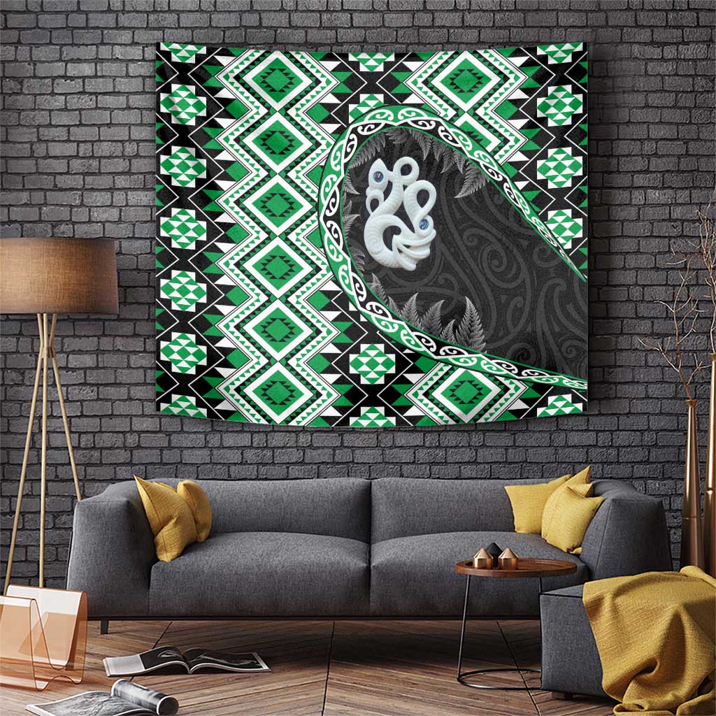 Green Taniko Motif Aotearoa Manaia and Silver Fern Tapestry