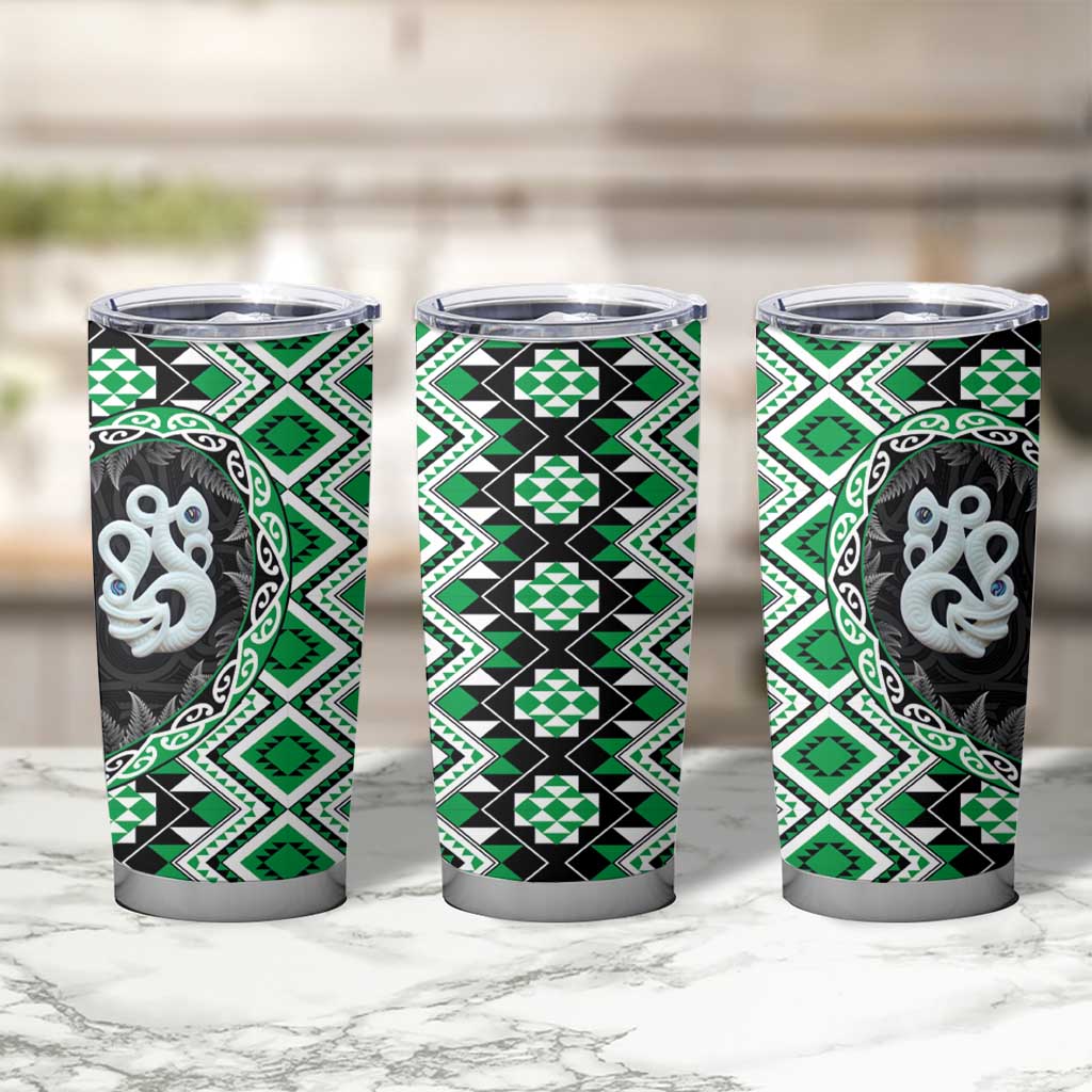 Green Taniko Motif Aotearoa Manaia and Silver Fern Tumbler Cup LT03 - Polynesian Pride