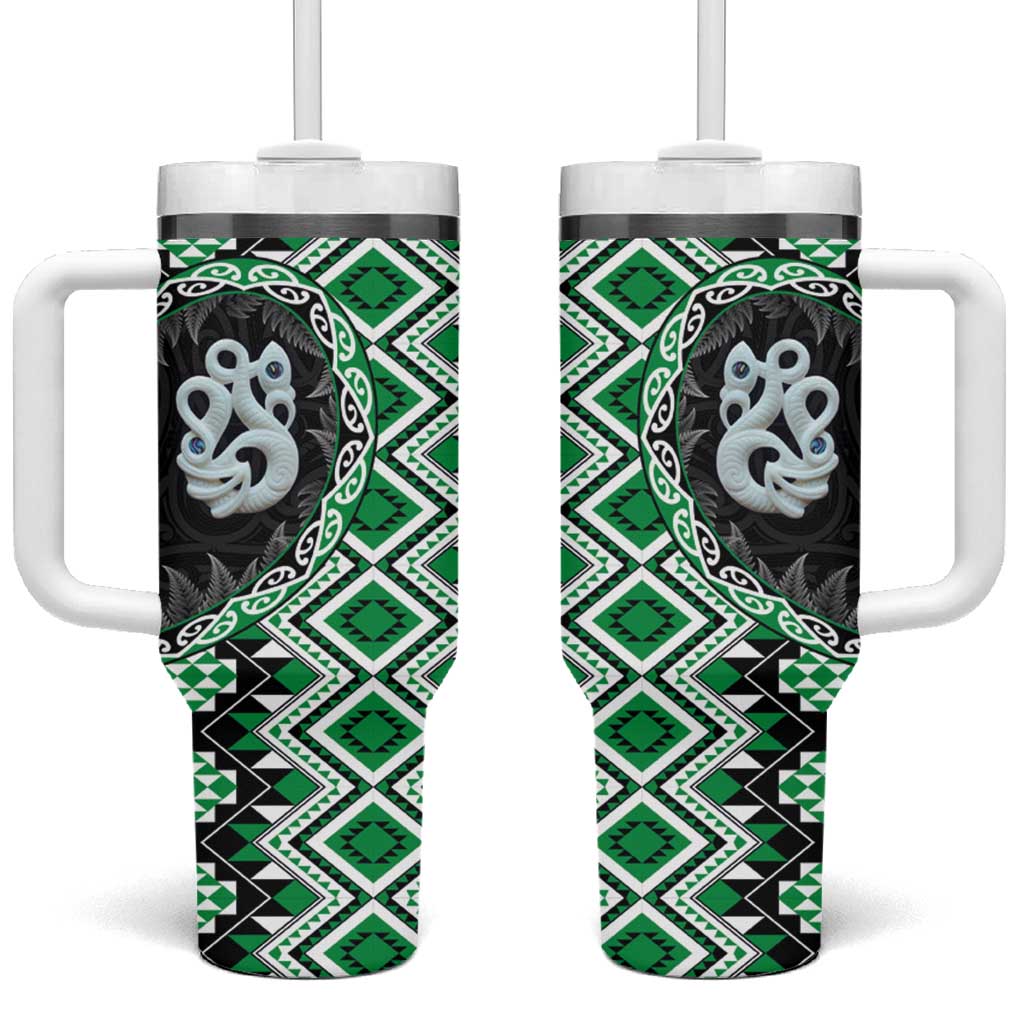 Green Taniko Motif Aotearoa Manaia and Silver Fern Tumbler With Handle LT03 One Size: 40 oz Green - Polynesian Pride