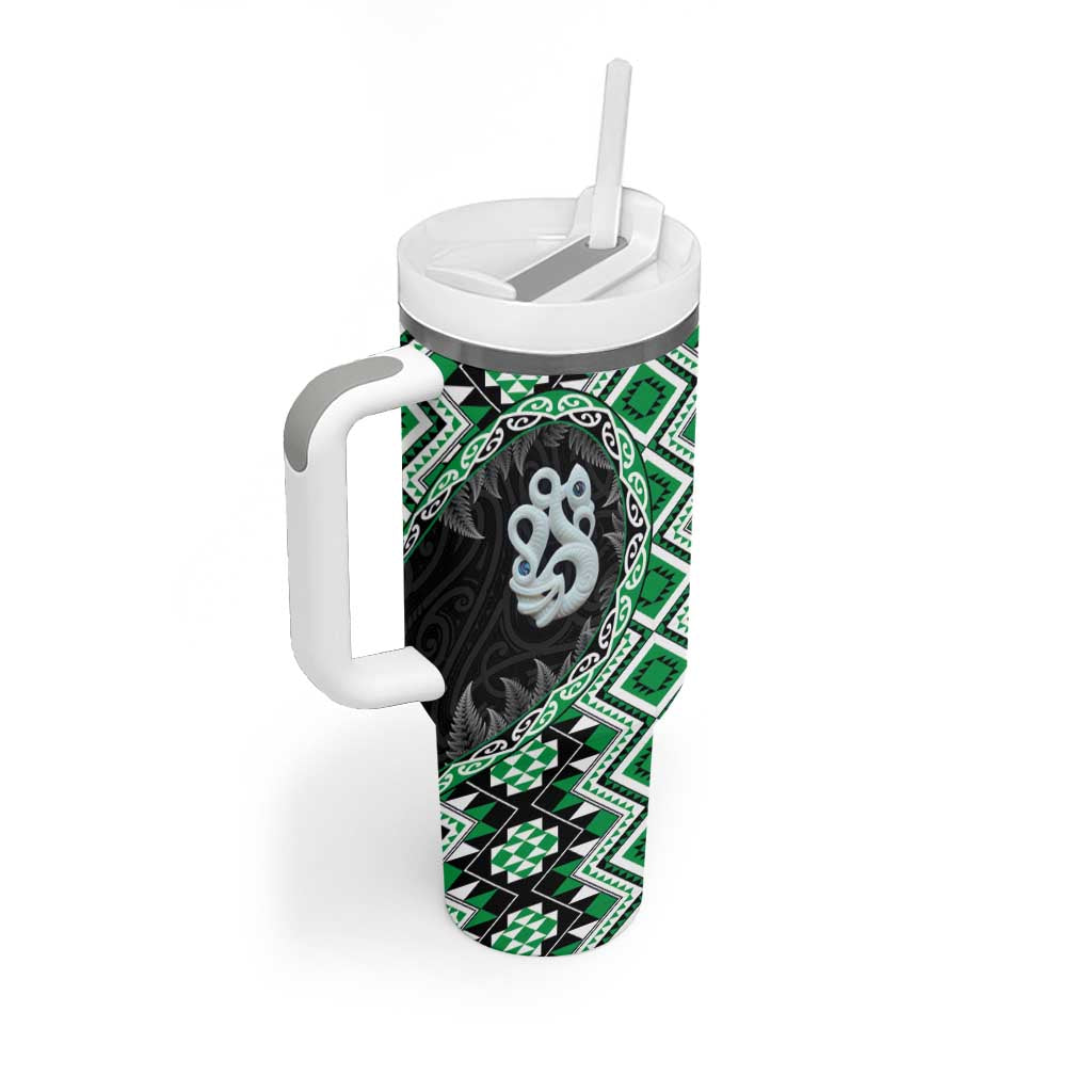 Green Taniko Motif Aotearoa Manaia and Silver Fern Tumbler With Handle LT03 - Polynesian Pride