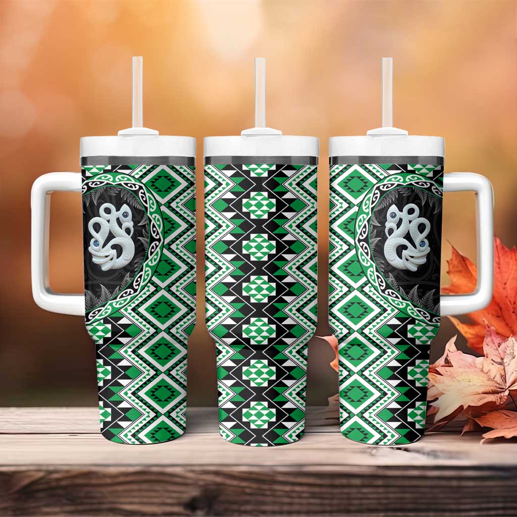 Green Taniko Motif Aotearoa Manaia and Silver Fern Tumbler With Handle LT03 - Polynesian Pride