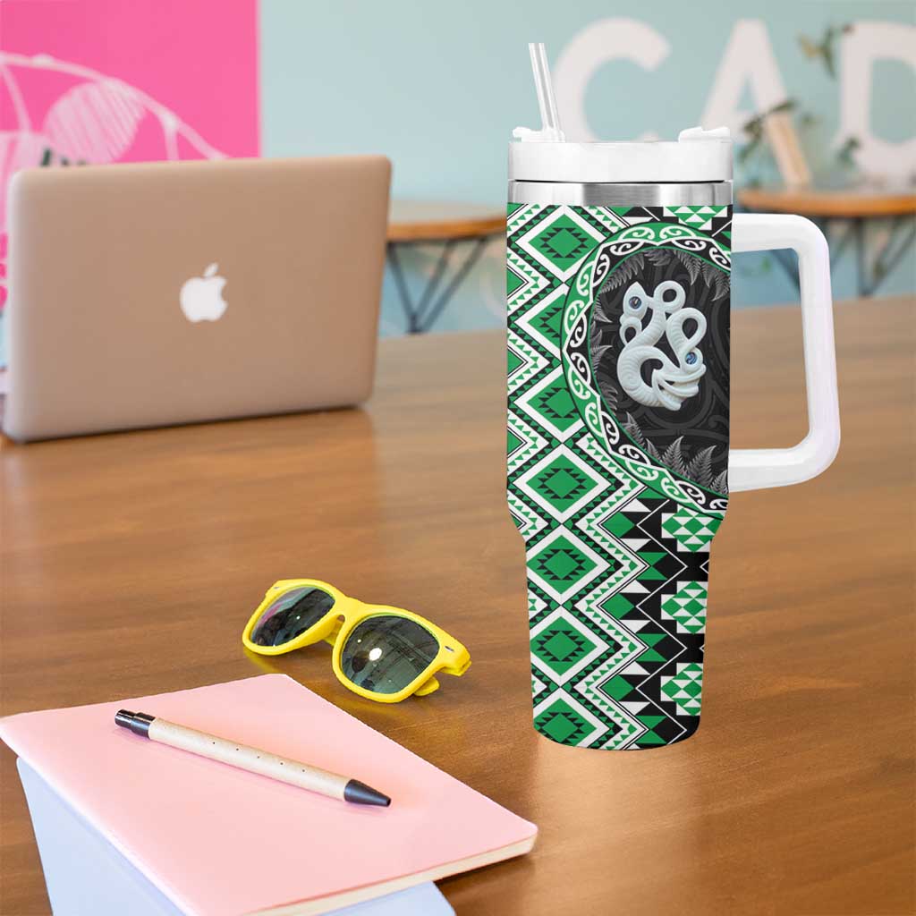 Green Taniko Motif Aotearoa Manaia and Silver Fern Tumbler With Handle LT03 - Polynesian Pride