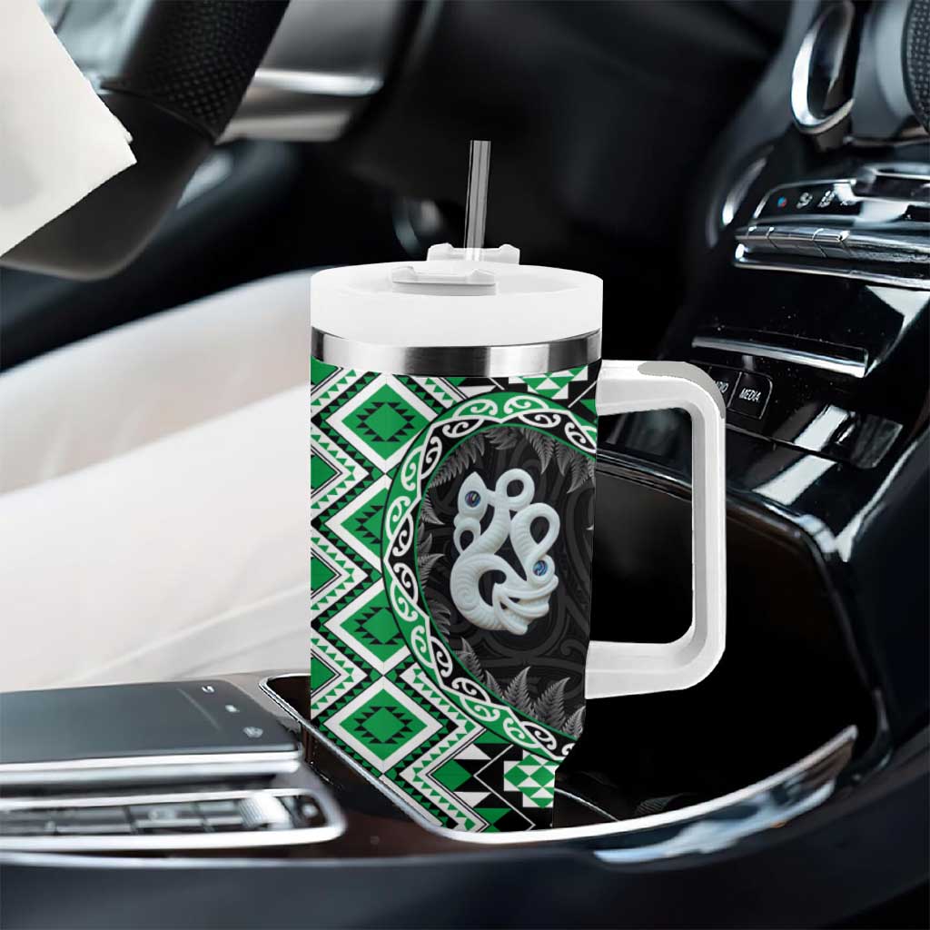 Green Taniko Motif Aotearoa Manaia and Silver Fern Tumbler With Handle LT03 - Polynesian Pride