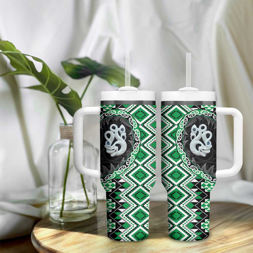 Green Taniko Motif Aotearoa Manaia and Silver Fern Tumbler With Handle LT03 - Polynesian Pride