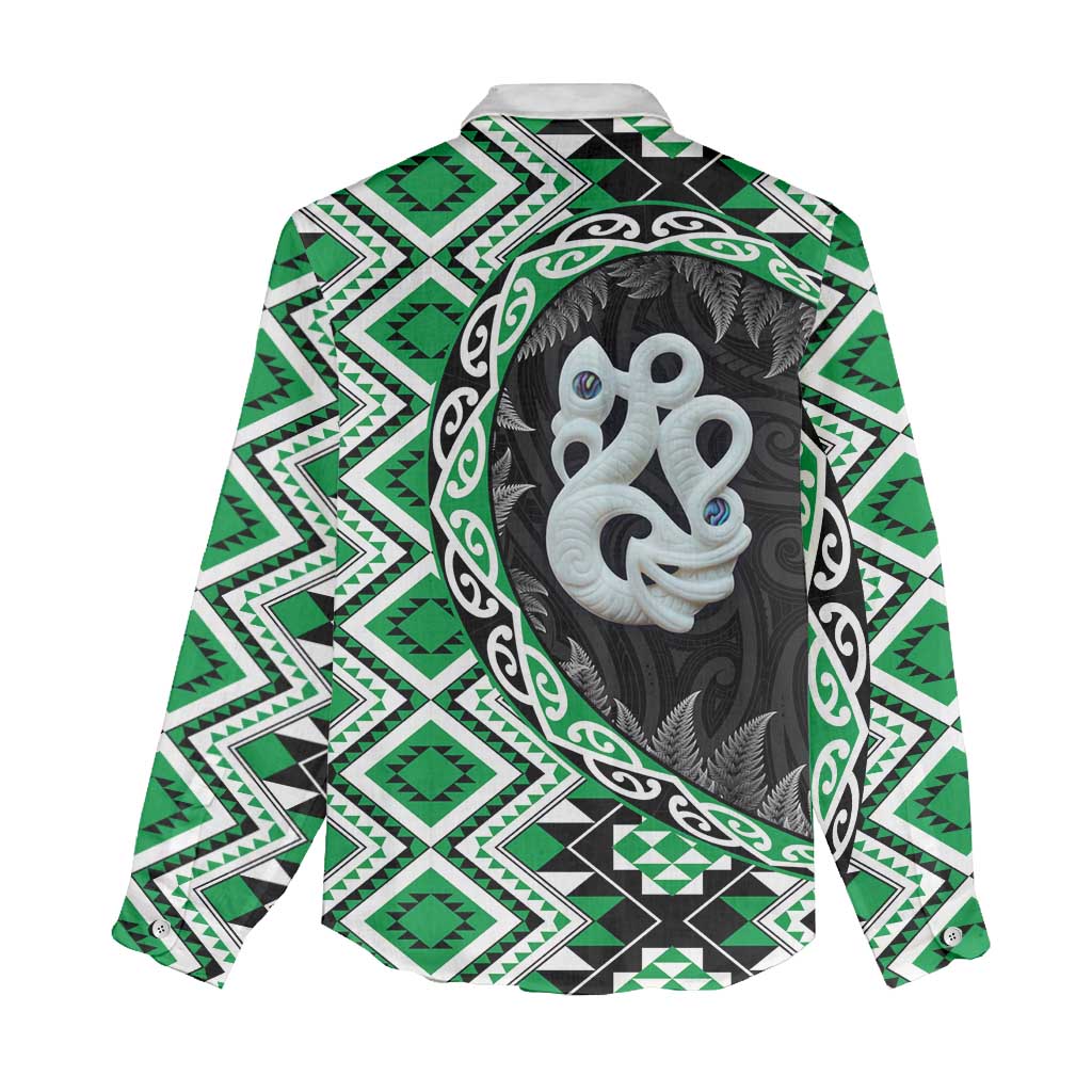 Green Taniko Motif Aotearoa Manaia and Silver Fern Women Casual Shirt