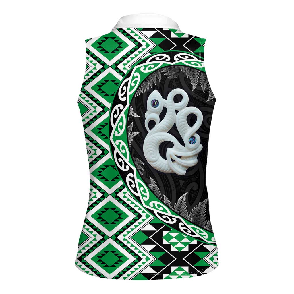 Green Taniko Motif Aotearoa Manaia and Silver Fern Women Sleeveless Polo Shirt