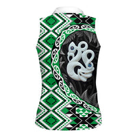 Green Taniko Motif Aotearoa Manaia and Silver Fern Women Sleeveless Polo Shirt