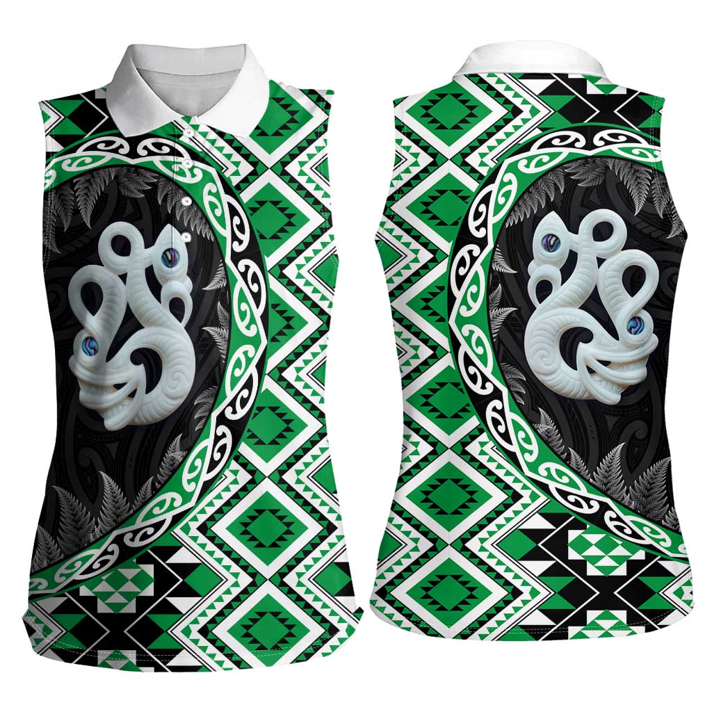 Green Taniko Motif Aotearoa Manaia and Silver Fern Women Sleeveless Polo Shirt