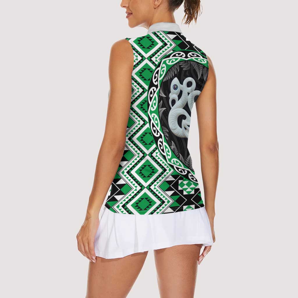 Green Taniko Motif Aotearoa Manaia and Silver Fern Women Sleeveless Polo Shirt