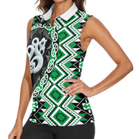 Green Taniko Motif Aotearoa Manaia and Silver Fern Women Sleeveless Polo Shirt